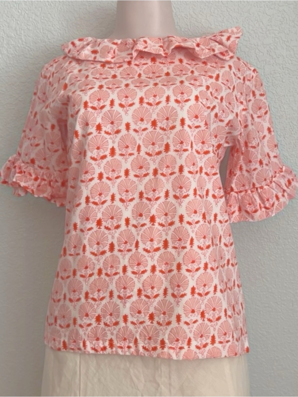 Elizabeth Wilson Designs Pink & Orange Block Print Ruffle Neck Blouse SZ S